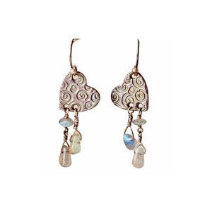 SOLD -Handmade Earrings Silver Heart with Dangling Tiny Polished Stones